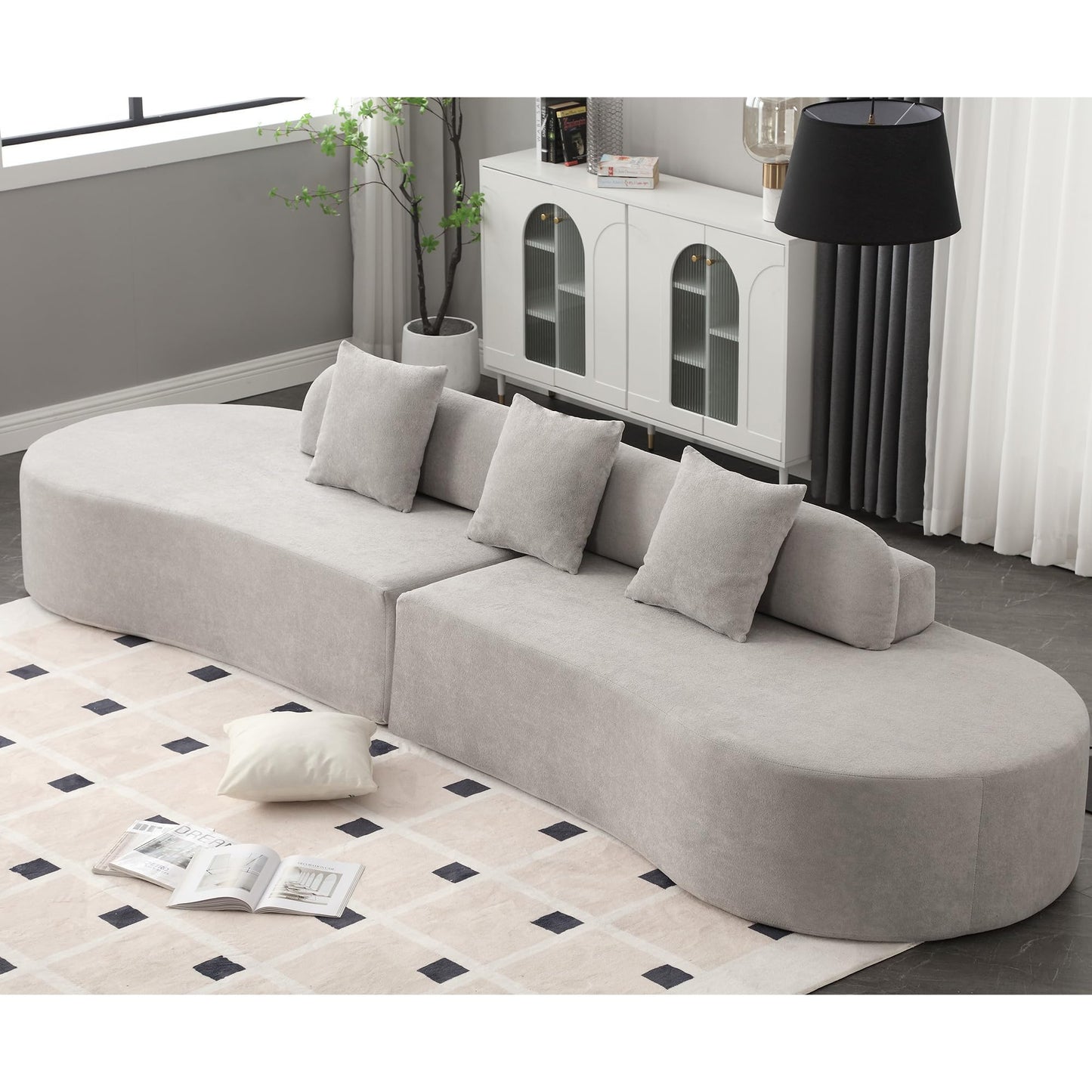 ACQCA 130.5" Modern Curved Combination Sofa, Cloud Couch with 3 Removable Pillows for Living Room, Apartment,Office,No Assembly Required, Gray