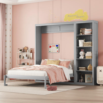 Merax Space-Saving Gray Murphy Bed Full Size with Adjustable Storage Shelves, Multifunctional Foldable Wall Bed for Small Spaces Studio Study Office Guest Room