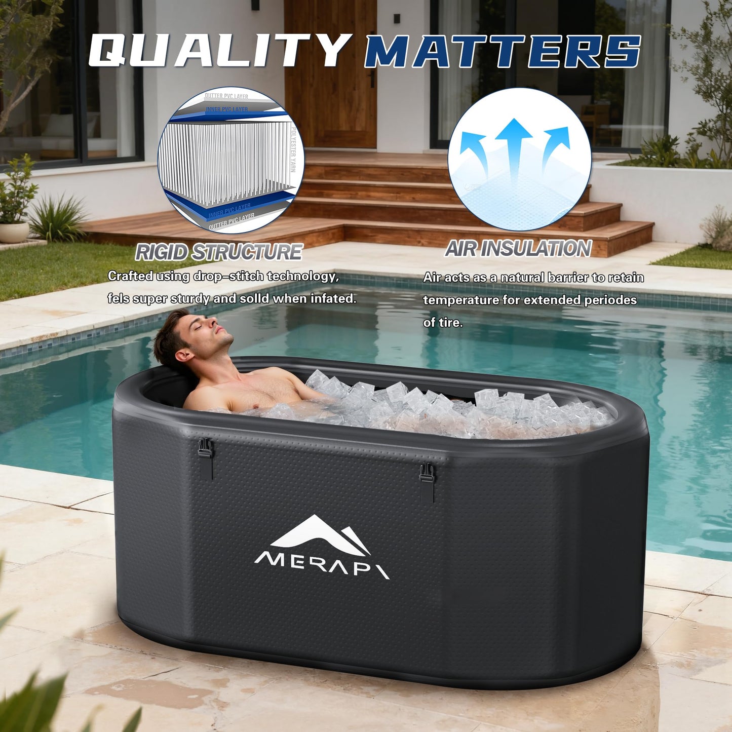 Merapi XL 170 Gal Cold Plunge Tub with Seat Cushion, 57in Large Inflatable Ice Bath Tub for Athletes Recovery, Portable Ice Bath Tub Compatible with Water Chiller, w/Dust Cover, Pump & Storage Bag