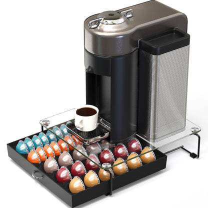 Deco Brothers Crystal Tempered Glass Vertuo Pod Holder Drawer, 30 Large or 60 Small Nespresso Capsule Organizer, Black