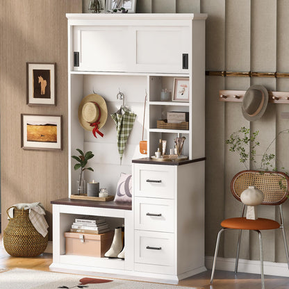 Virubi Modern Entryway Shoe Bench with Coat Rack & Storage – 40.2" Wide Hall Tree with 3 Hooks, 3 Drawers, Shelves & Seating for Hallway, Living Room – Sturdy White/Wood Finish, Easy Assembly