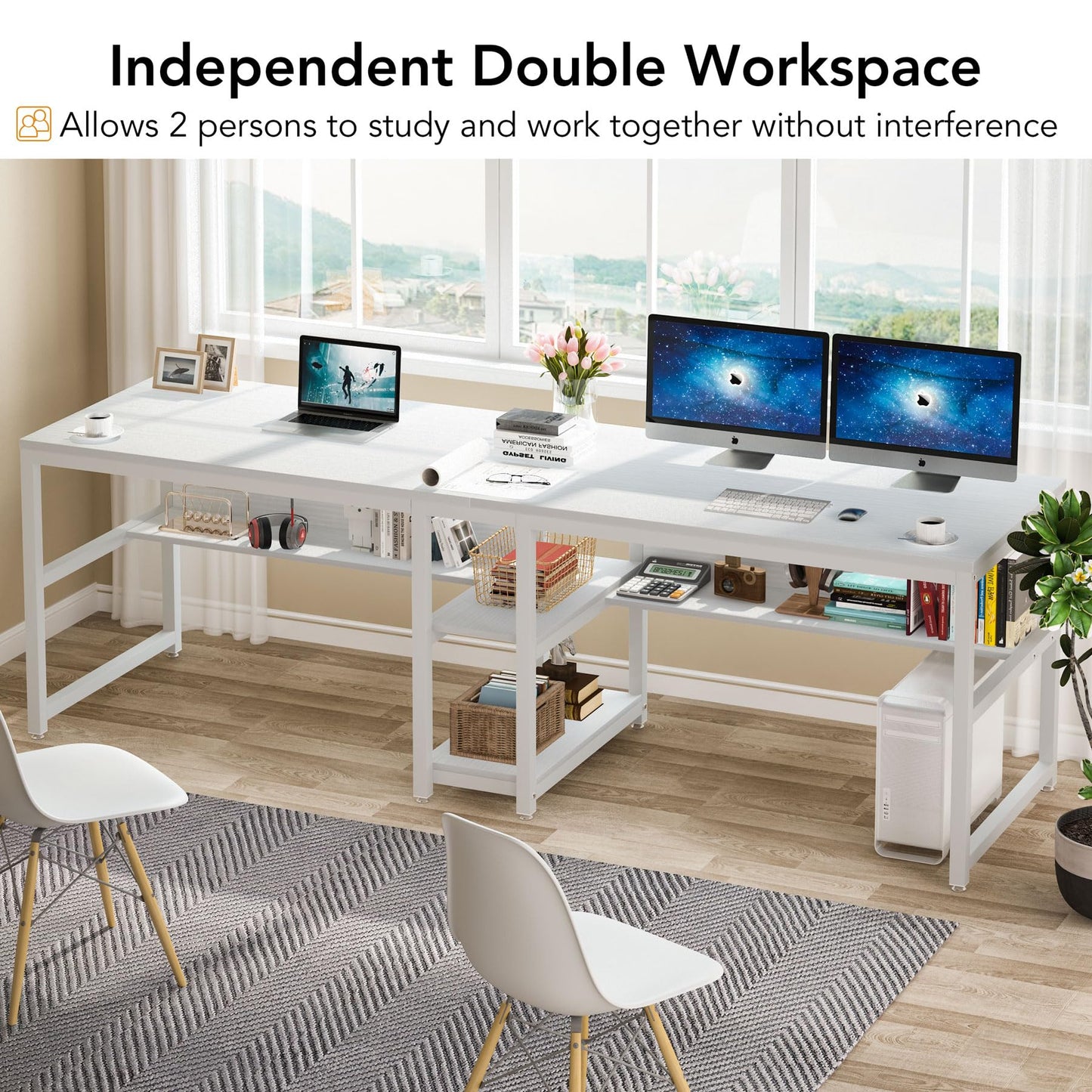 LITTLE TREE Industrial 78.7" Desk with Shelves, Double Workstation for Two People, Computer Office Desk, Writing Table with 3 Drawers, Large Metal Tabletop, White