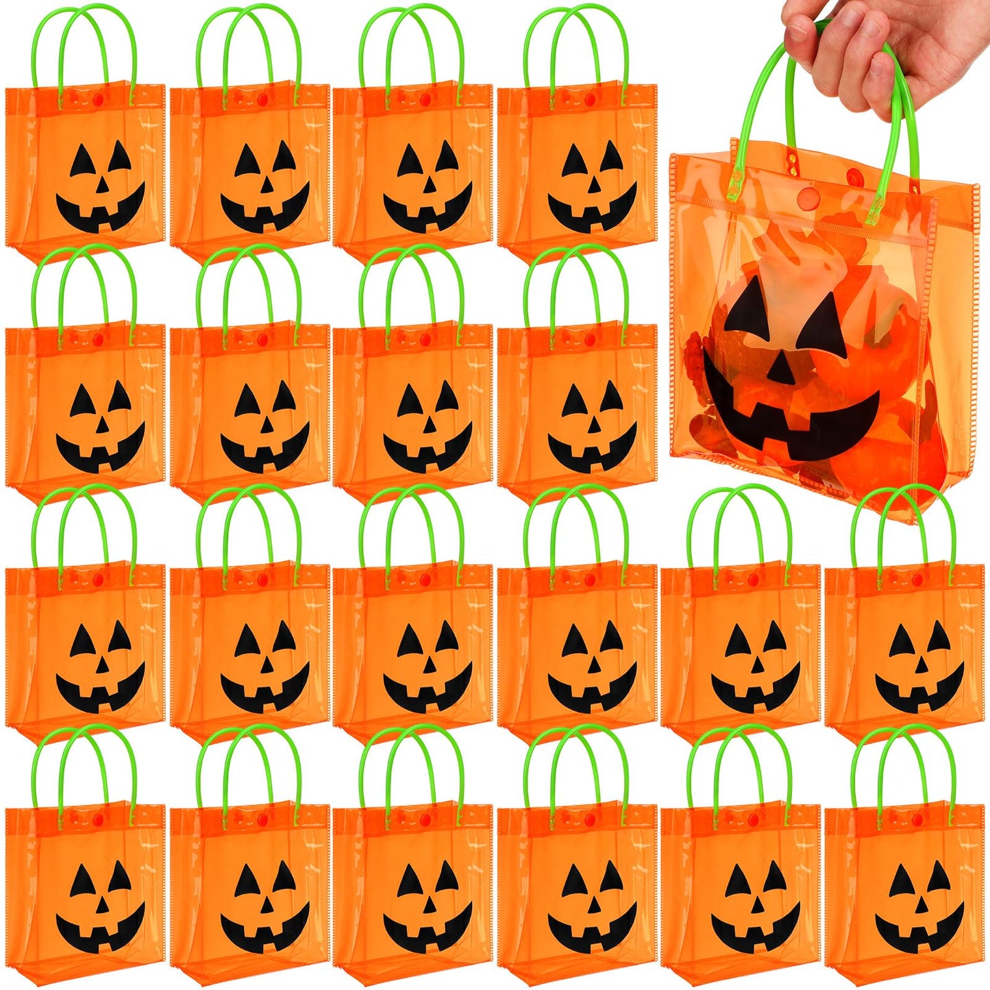 Sweetude 24 Packs Halloween Plastic Pumpkin Bags with Handles Halloween Jack O Lantern Pumpkin Party Gift Handles Bags Candy Favors, 6 x 6.3 Inch