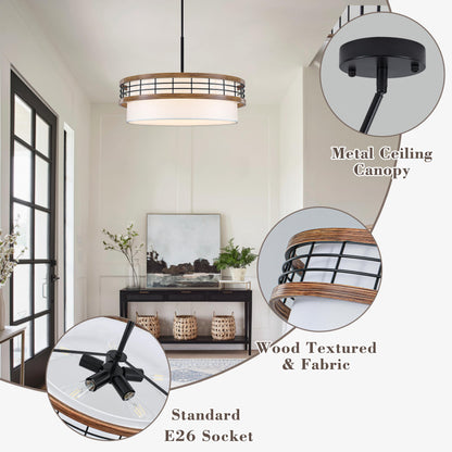22" Large Drum Chandelier, Black and Wood Texture Pendant Light, 5-Light Farmhouse Kitchen Chandelier for Dining Room Foyer Entryway Bedroom