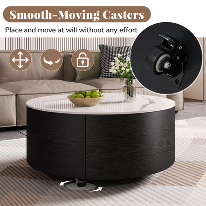 Merax Round Coffee Table for Living Room 29.5" Movable Coffee Table with Casters and 2 Storage Drawers, Marble Pattern Sintered Stone Top, Black and White