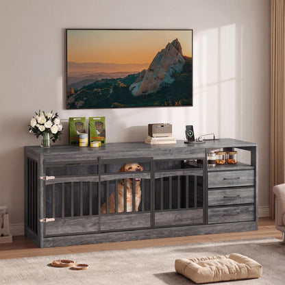 Homiflex 68.9" Large Dog Crate Furniture with 3 Storage Drawers Farmhouse Dog Kennel TV Stand Indoor for Large Medium Dogs Decorative Dog Cage with Sliding Barn Door & Power Outlet Grey
