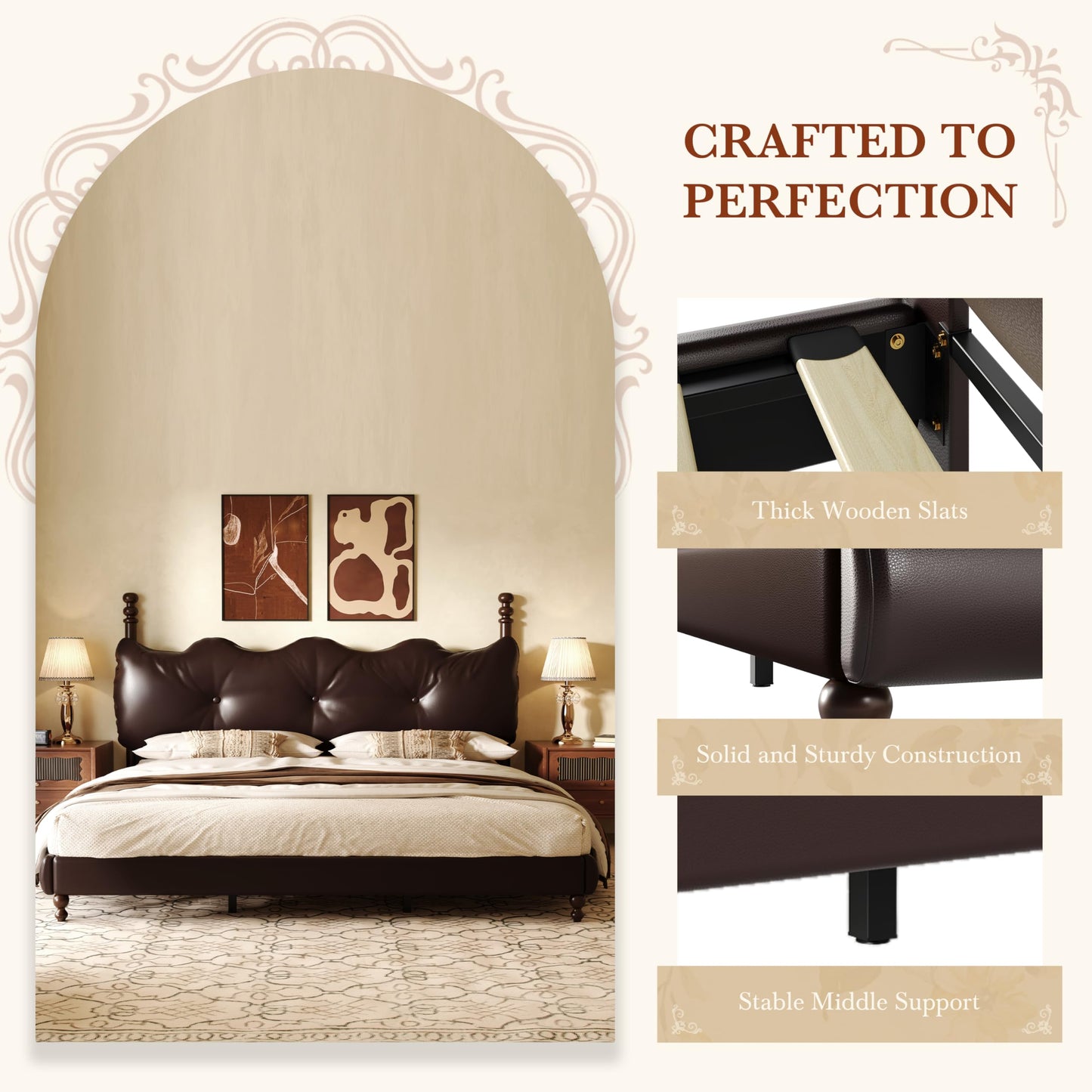 Christopher Knight Home Calka Classic King Bed Frame and Headboard, PU Leather Upholstered King Size Bed Frame with Tufted Design, Wooden Slats Support, No Box Spring Needed Bedframe, Dark Brown