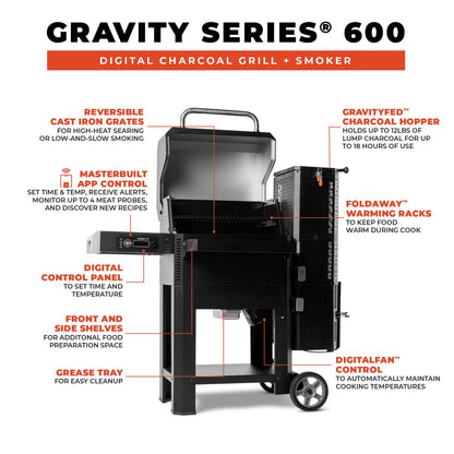 Masterbuilt® Gravity Series® 600 Smoker Grill - Digital Charcoal Grill,WiFi Technology, GravityFed™ Charcoal Hopper, 600 Cooking Sq. Inches, Black, Model MB20041023