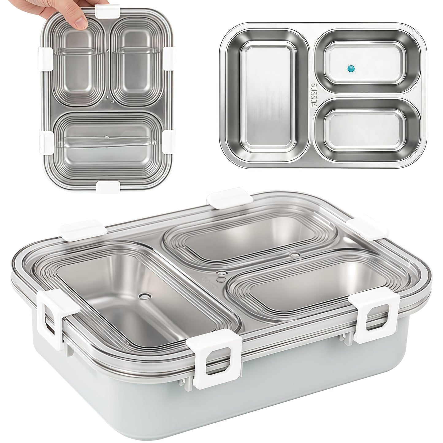 BSTUR Stainless Steel Bento Box for Adults, 3-Compartment Meal Prep Lunch Container with Bottom Tray & Cutlery, Portable for Work, Gym & Travel – Grey