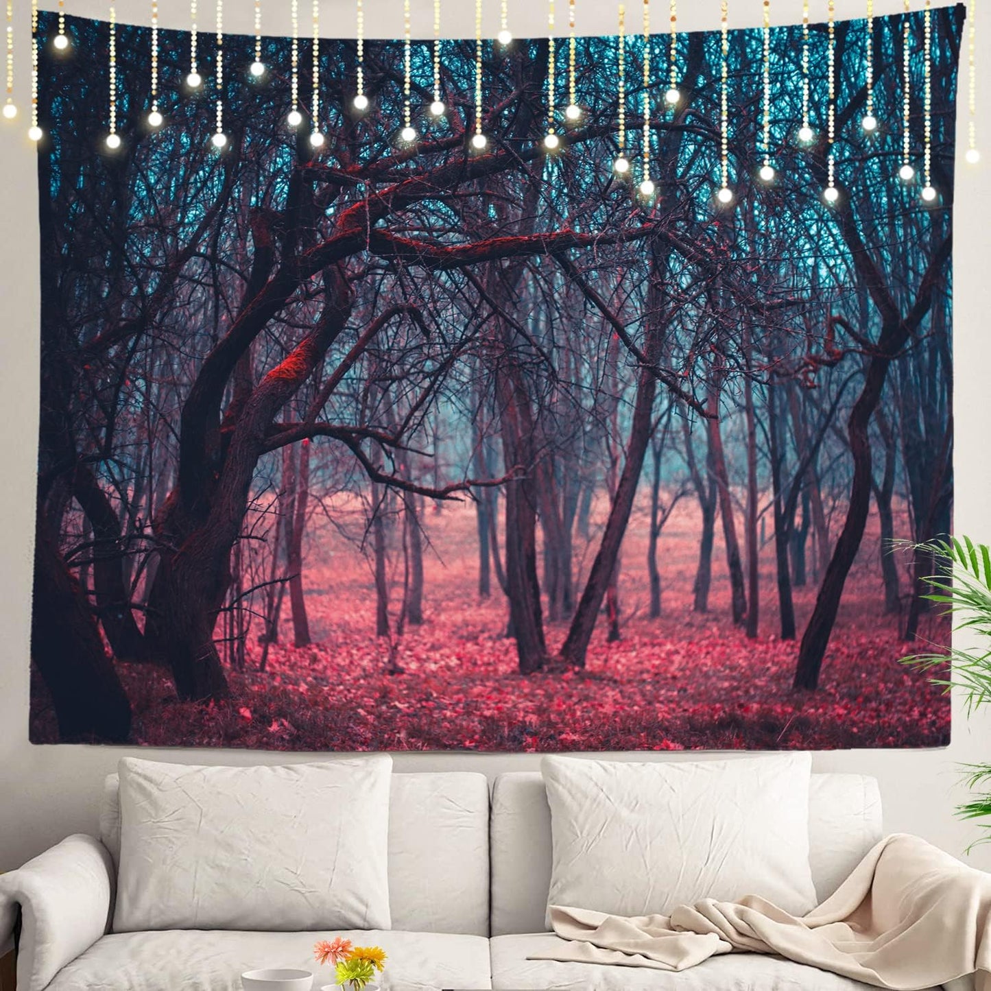 Shrahala Red Nature Stranger Wall Tapestry, Large Green Forest Moonlight Landscape, 59.1 x 82.7 in, Polyester Fiber