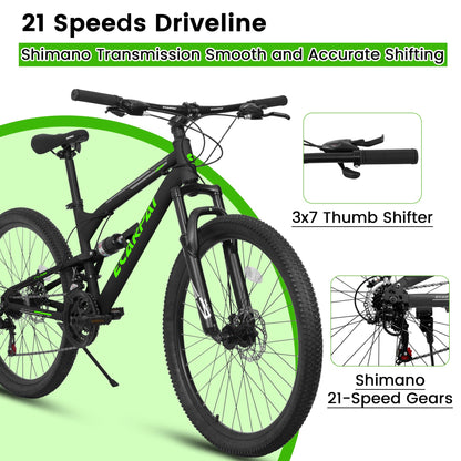 26 Inch Mountain Bike, 21-Speed Mountain Bicycle with Full Suspension and Dual Disc Brakes Thumb Shifter, High Carbon Steel Frame MTB Bike for Teenagers Adult Men Women Trail Commuter, Black-Green