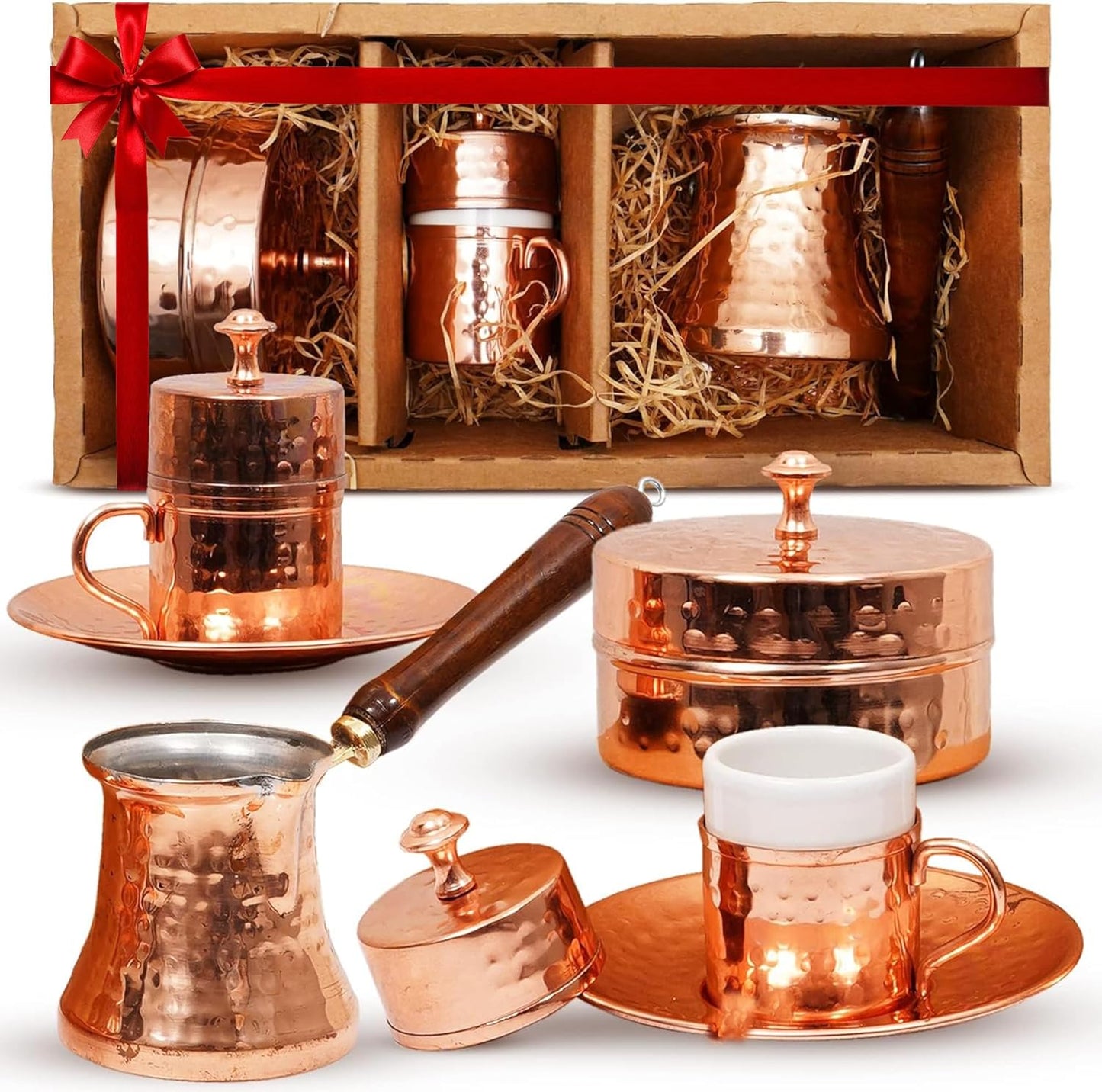 Set Set 2 7oz Turkish Coffee Turkish Coffee Maker w/ Cups, Sugar Dish, & Copper Pot (Cezve) Traditional Gifts for Latte