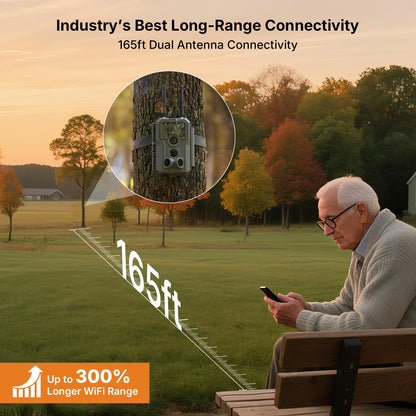 GardePro E8 2.0 Pro WiFi Trail Camera (Non-Cellular) with 10W Solar Panel SP1000, 4K Ultra HD & 64MP, Dual Antennas, 165ft Long-Range WiFi, 7800mAh Battery + 64GB SD Card, Motion Detection