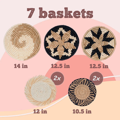 Boho Wall Basket Decor Set – 7 Seagrass Woven Baskets + Macrame | Handcrafted Natural Wall Art | Ready to Hang with Hooks Included | Boho Scandinavian Home Decor for Living Room Bedroom Entryway