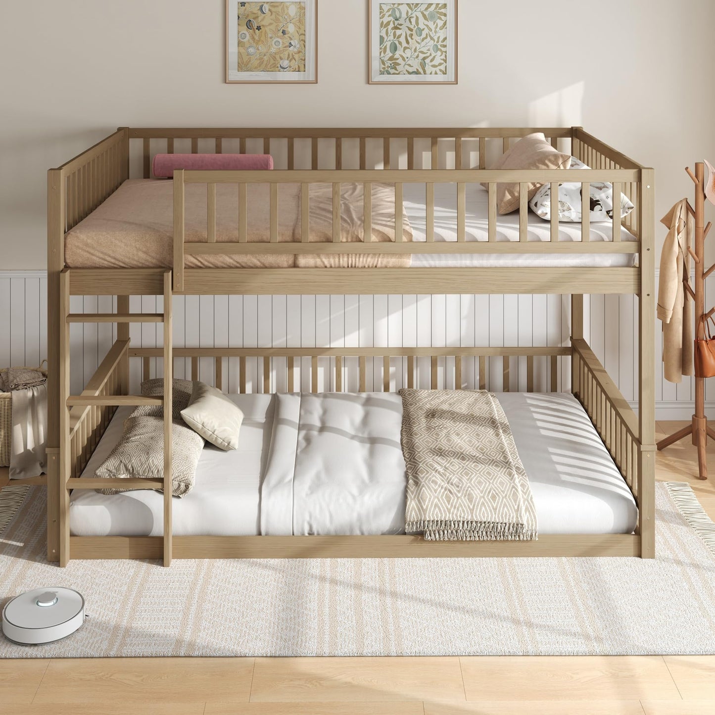 Merax Queen Over Queen Bunk Bed with Ladder & Guardrails - Solid Wood Double Bunk Bed for Adults/Teens, Convertible to 2 Separate Platform Beds, No Box Spring Needed, Walnut