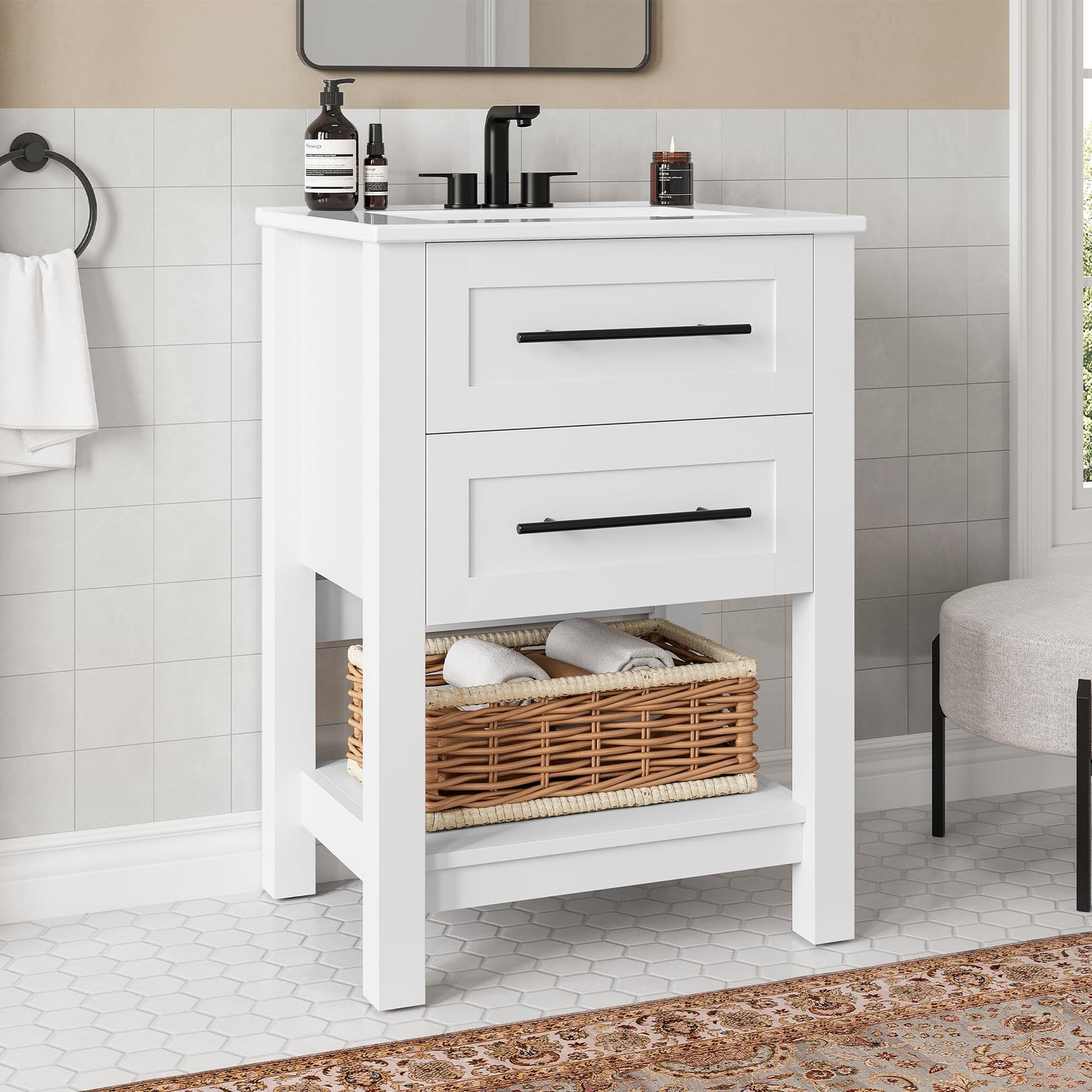 LIKIMIO 24" Bathroom Vanity with Sink, Freestanding Bathroom Vanity with 2 U-Shaped Drawers & Open Shelf, Integrated Ceramic Sink, Modern Bathroom Storage Cabinet for Small Space, Easy Assembly, White