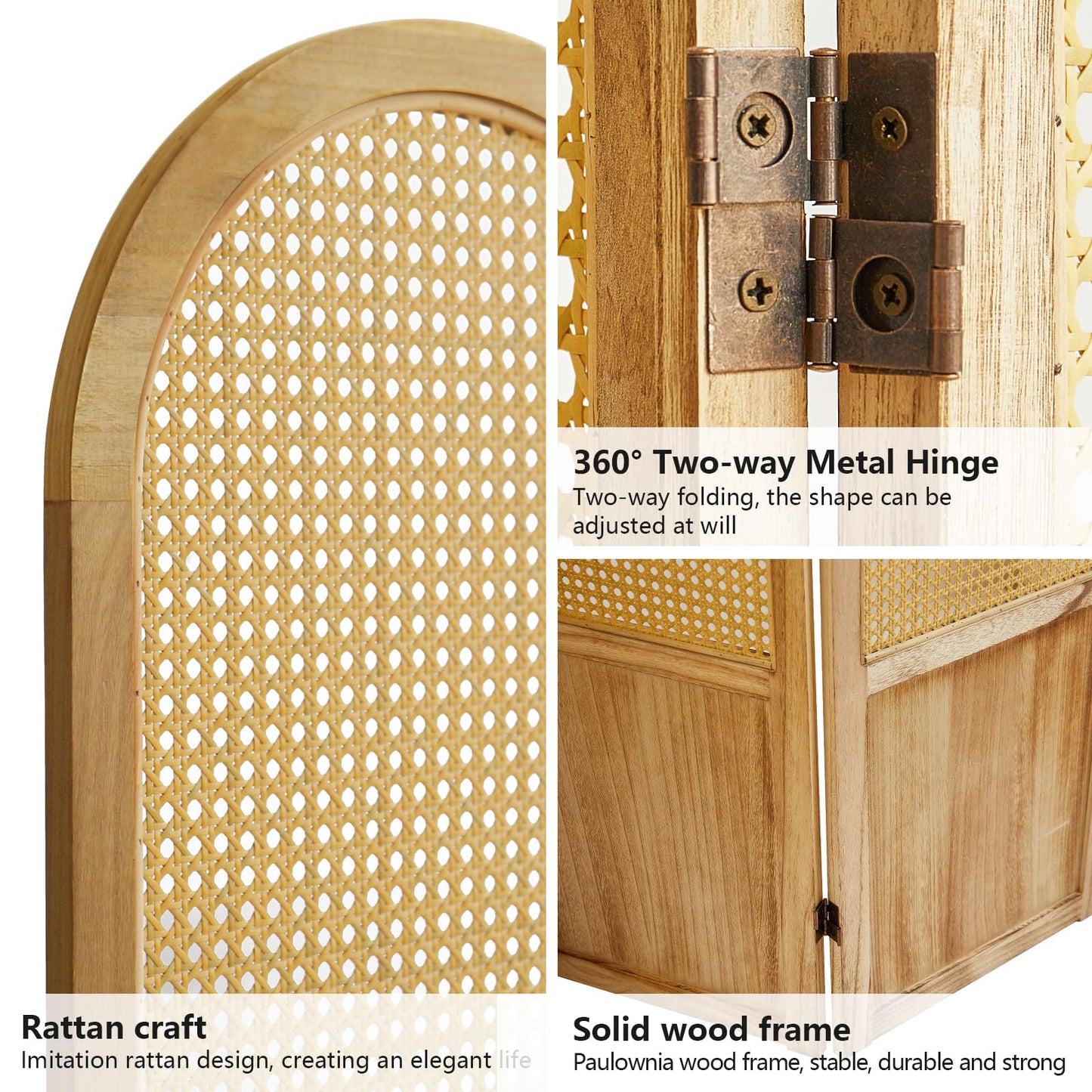 Asnefeli 6 Panels Room Divider, Folding Privacy Screen, Foldable Wood Rattan Room Divider Panel, Portable Partition Screen Wall Divider for Room Separation Bedroom Home Office Garden Terrace (Natural)
