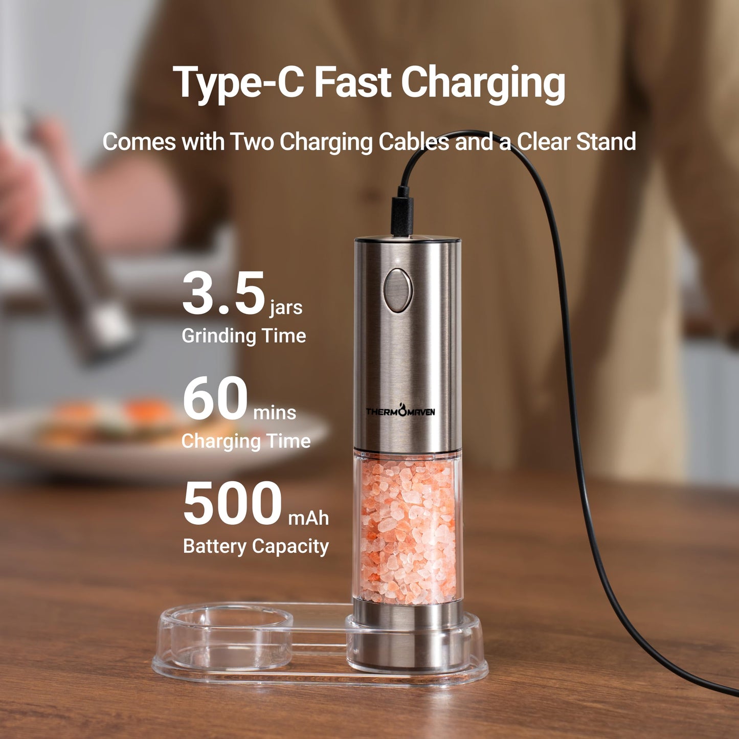 ThermoMaven Electric Salt and Pepper Grinder Set, 110ml Larger Rechargeable Automatic Salt and Pepper Mill Grinder with 6 Adjustable Coarseness, Electric Salt and Pepper Shakers, LED, Gun Grey