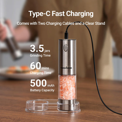 ThermoMaven Electric Salt and Pepper Grinder Set, 110ml Larger Rechargeable Automatic Salt and Pepper Mill Grinder with 6 Adjustable Coarseness, Electric Salt and Pepper Shakers, LED, Gun Grey