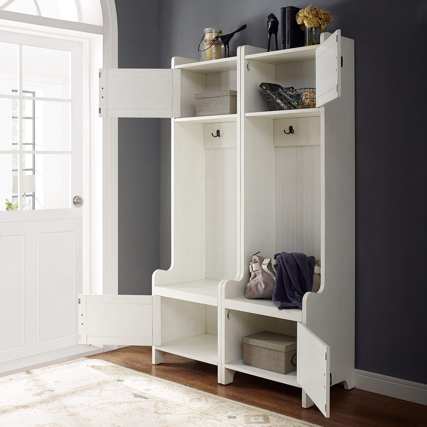 Crosley Furniture Fremont 2-Piece Hall Tree Entryway Set with Storage Cabinets and Coat Rack Hooks, Distressed White