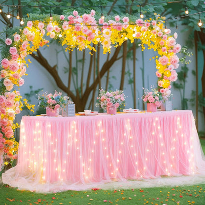 14FT Pink Tulle Table Skirt for Rectangle or Round Tables Ruffle Tulle Tutu Cloth Desk Table Skirt with LED Lights