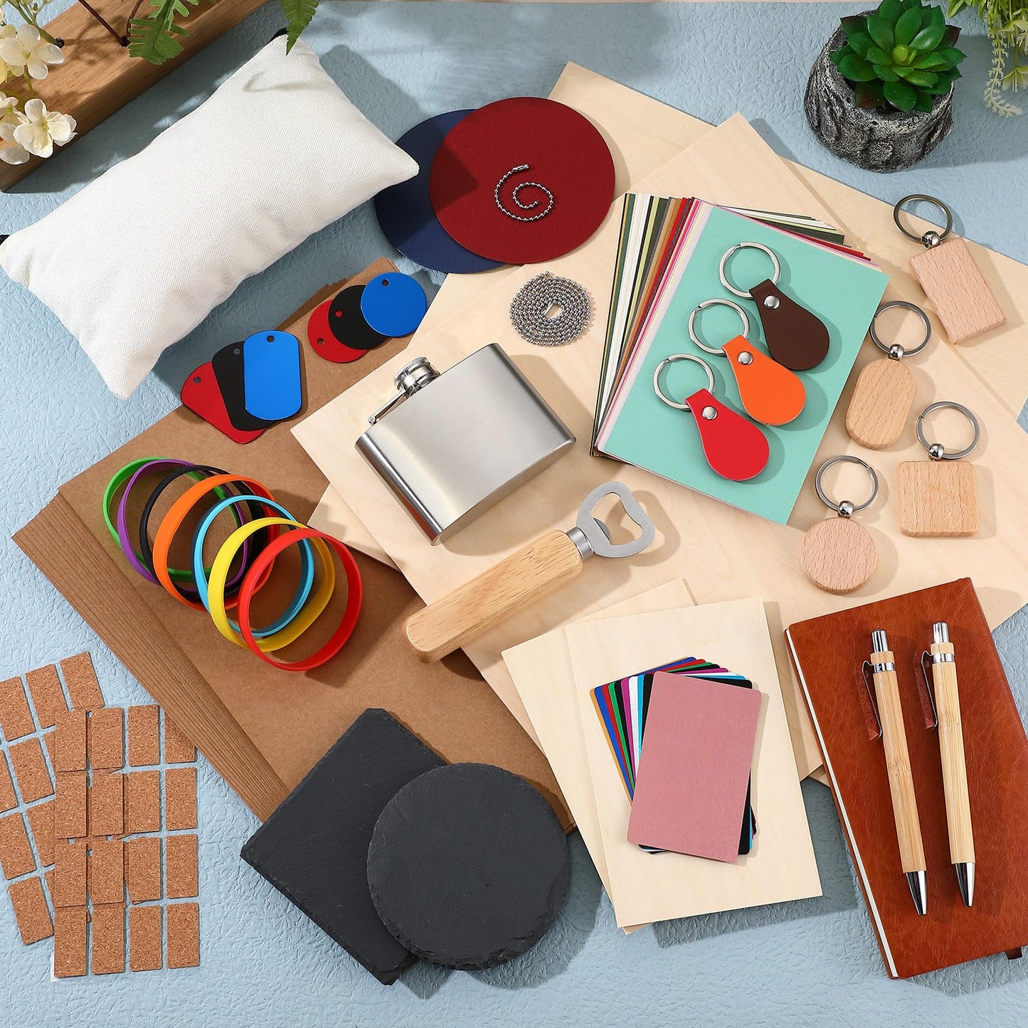 Dunzoom 127 Pcs Laser Material Kit Laser Cutting Engraving Materials Accessories Including Wood, Metal, PU Leather, Fabric, Glass, Rock, Rubber for Cutters Engraving Supplies