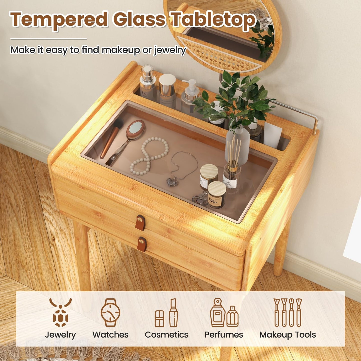 CHEFJOY Boho Vanity Desk with Mirror, Bamboo Makeup Vanity Table & Stool Set with 2 Storage Drawers & Tempered Glass Table Top, Small Dressing Table Set for Bedroom, Living Room