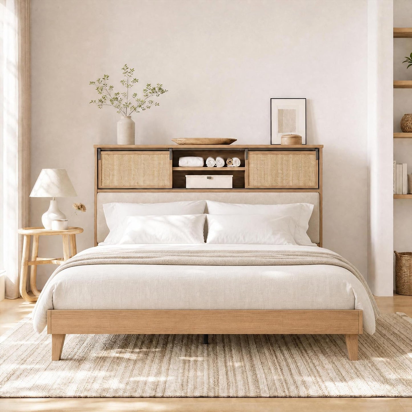 GarveeHome Queen Size Solid Wood Bed Frame with Storage Headboard, Rattan Upholstered Bookcase Headboard with Sliding Doors & Charging Station, No Bos Spring Needed