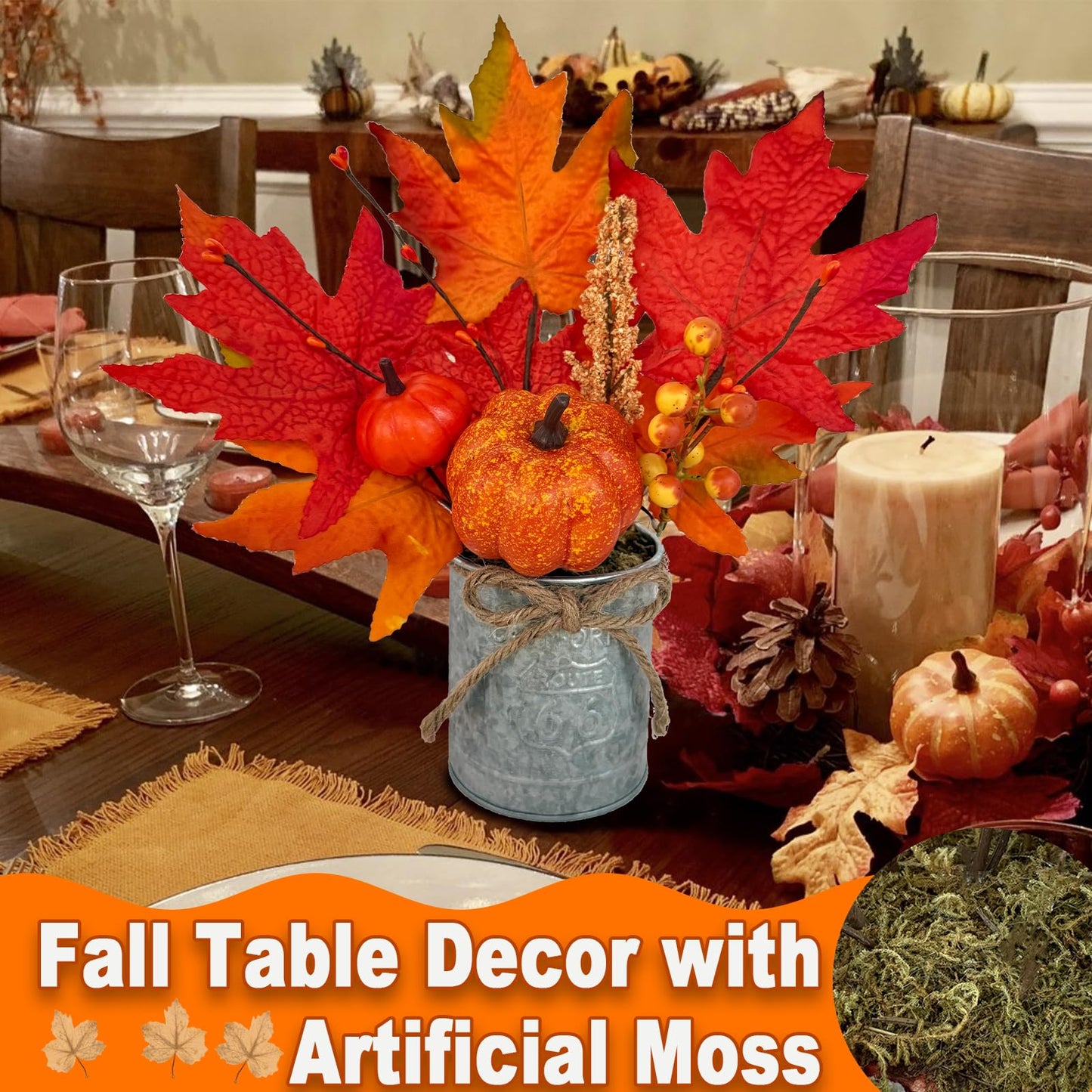 2 Pack 12 Inch Thanksgiving Decorations Fall Centerpieces for Tables Thanksgiving Table Decor Fall Arrangements Maples Leave Pumpkin Berried Wheat Realistic Moss in Metal Pots for Home Kitchen Table