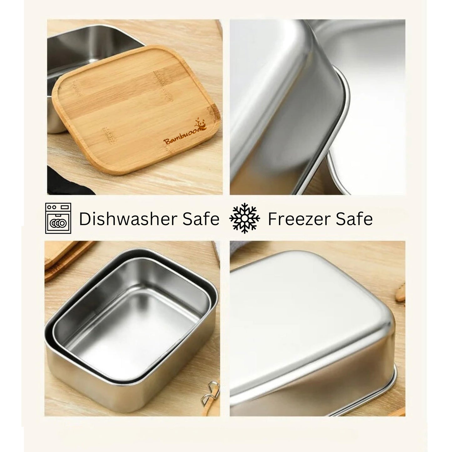 Bambuood Premium Stainless Steel Bento Lunch Box. Eco-Friendly Meal Storage, Food Container With 100% Leak-Proof Bamboo Lid. For Adults, Work, Travel Use. Free Bamboo Cutlery. LARGE (41 oz)