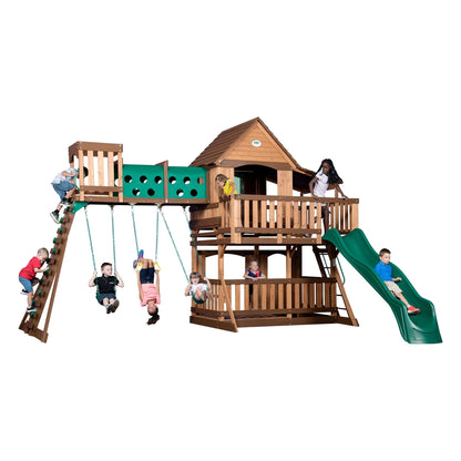 Backyard Discovery Woodridge Elite Cedar Wood Swing Set with Wave Slide, Clubhouse, Crawl Tunnel, Crow's Nest, Belt Swings, Trapeze, Rock Wall Ladder, Sandbox, Wrap-Around Porch, Deck, Outdoor Playset