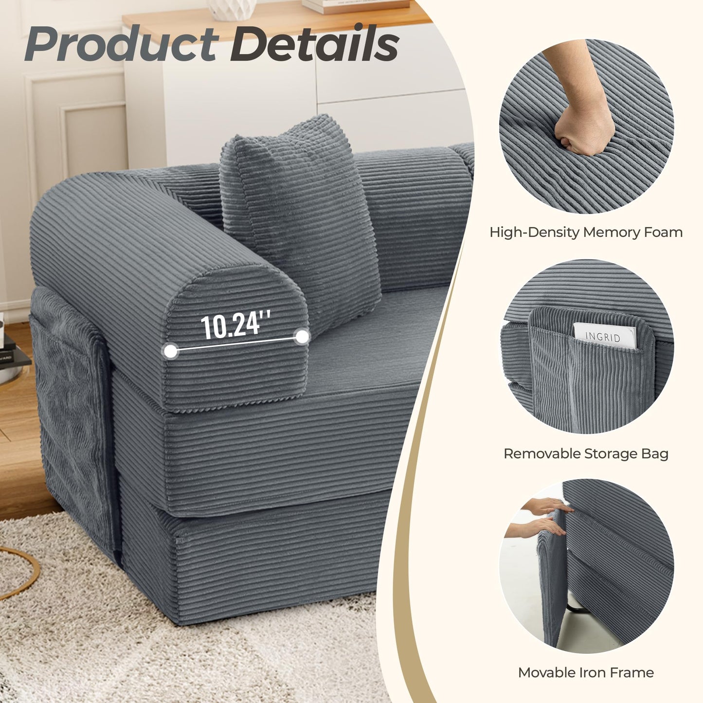Trygoal 106.3" Oversized Convertible Sleeper Sofa Bed, L Shape Modular Sectional Cloud Sofa with Fixed-Shape Frame, Boneless Couch with Storage Pocket for Living Room, No Assembly Required, Gray