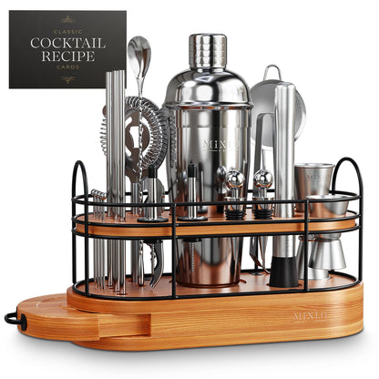 MIXLO HOME Mixology Bartender Kit - 22Pcs Bar Set Cocktail Shaker Set w Brown Bar Cart Accessories Stand - Shakers Bartending Silver Tools, 24oz Shaker, 17 Recipe Cards, Martini Barware