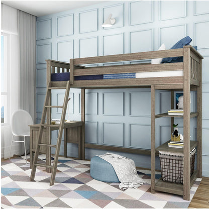 Max & Lily High Loft Bed, Twin Bed Frame for Kids With Bookcase and Desk, Clay