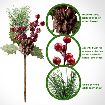 Yunsailing 37 Pcs Artificial Christmas Tree Picks Faux Cedar Holly Pine Stems with Red Berries Christmas Tree Picks Decorations for Xmas Winter Holiday DIY Crafts Wreath(Classic)