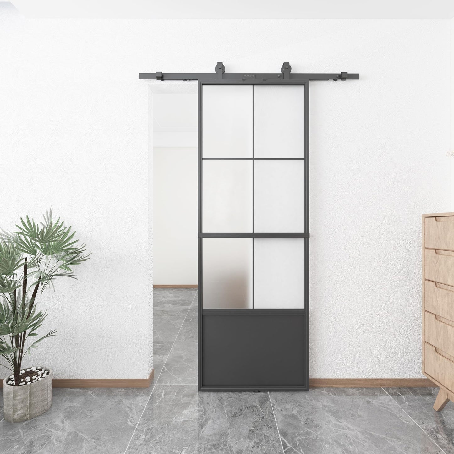 JUBEST 32in x 84in Glass Barn Door, Frosted Tempered Glass Carbon Steel Pre Drilled Frame Sliding Barn Door Panel with 5.5FT Hardware Kit and Soft Close Mechanism