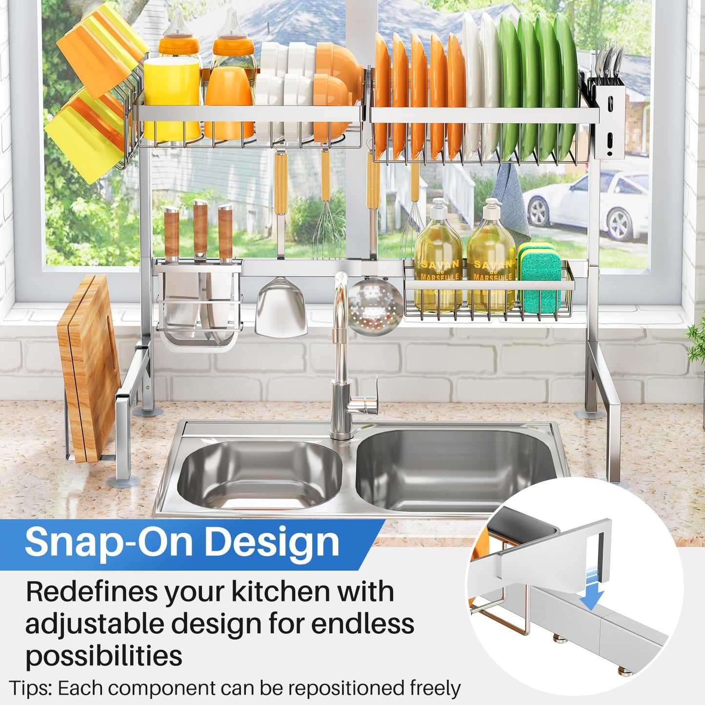 Over The Sink Dish Drying Rack, Full Stainless Steel 2-Tier Kitchen Counter Dish Drainer Rack Adjustable (33.8 to 41.5 inch), Expandable Dish Drying Rack with Kitchen Accessories, Silver