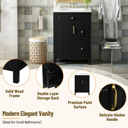 Favfurish 24" Bathroom Vanity with Ceramic Sink,Free Standing Single Basin Vanity w/Soft Close Door and Soft Closing Drawers,Wooden Bath Cabinet with Double Storage Racks on The Door,Black