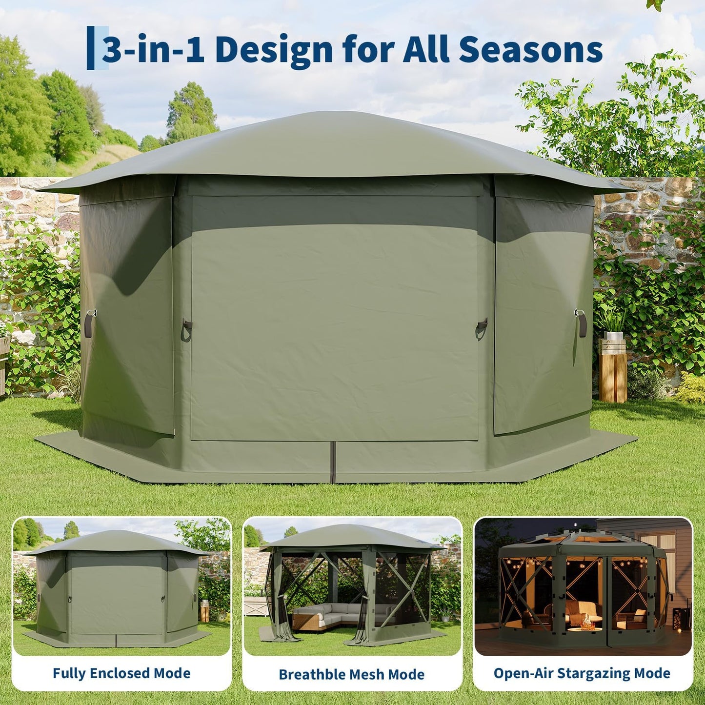 11.5x11.5FT Pop Up Canopy Tent 6 Sided Hexagon Screened Shelter with Mesh Windows, Portable Outdoor Gazebo Tent with Carry Bag, Stakes for Camping Backyard Lawn Patio