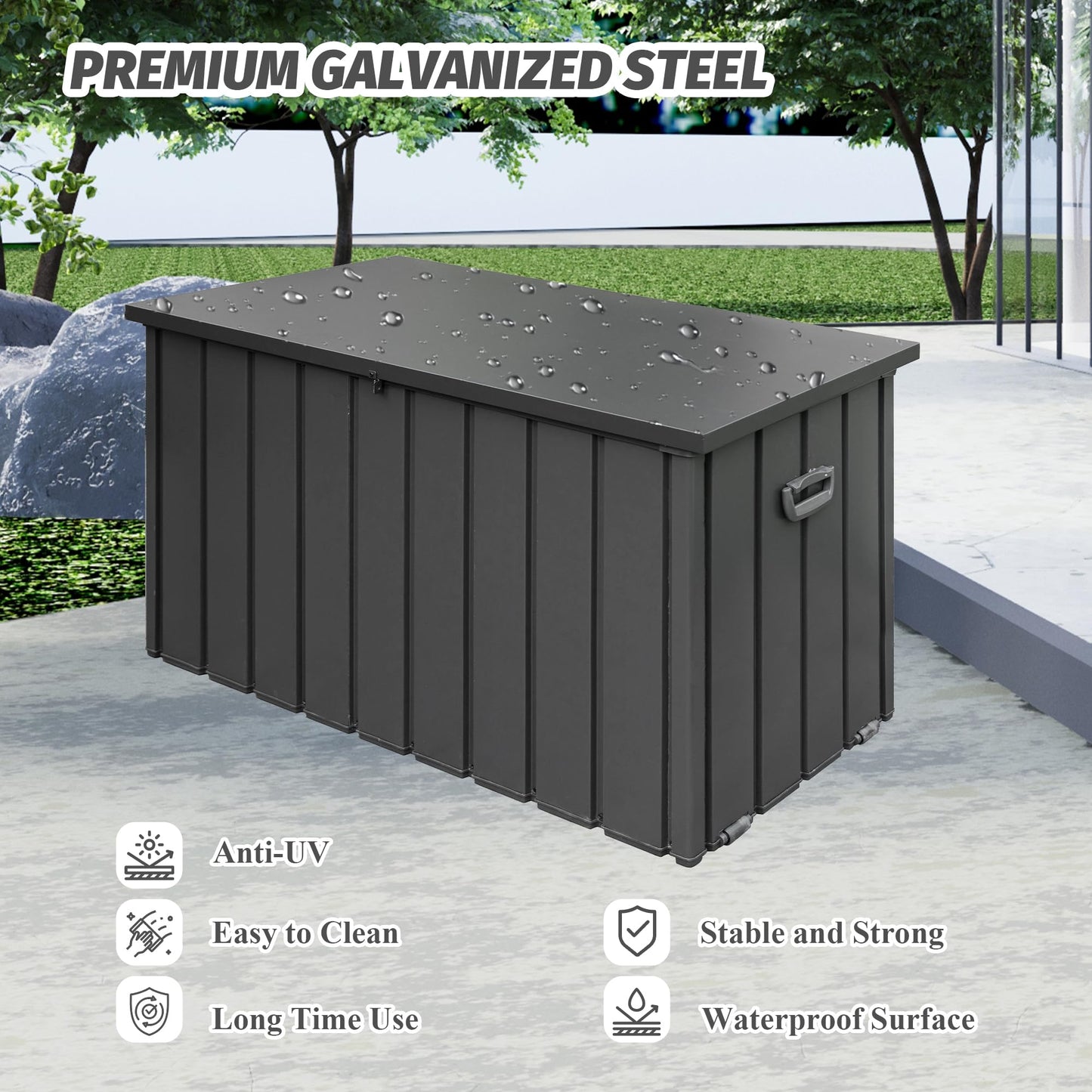 Domi Deck Box 190 Gallon, Waterproof Lockable Steel Outdoor Storage Container for Outside Cushions, Garden Tools and Pools Equipment, Gray