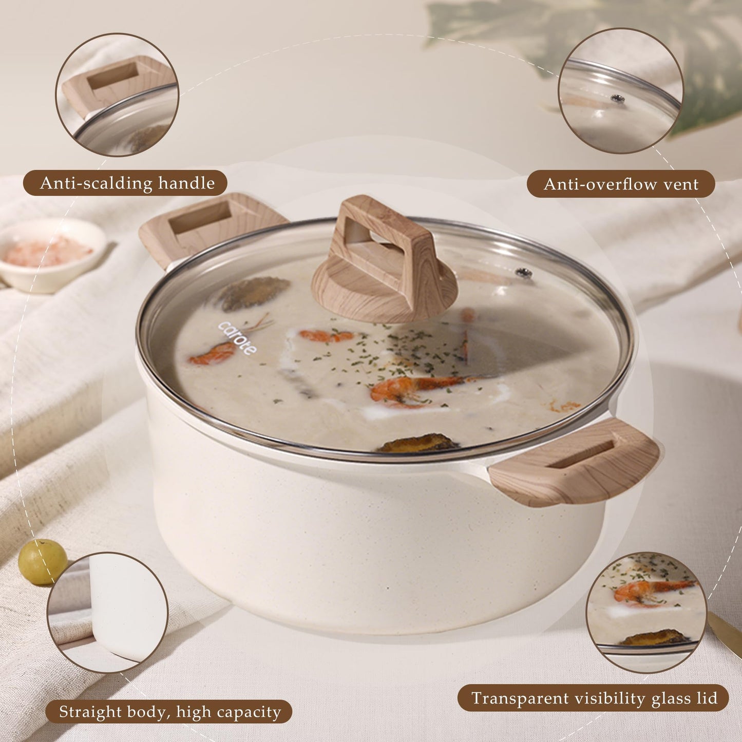 CAROTE 6 Qt Nonstick Stock Pot with Lid Soup Pot, 6 Quart Casserole with Lid, Easy to Clean Non Stick Cooking Pot Cookware PFOA Free, White Granite