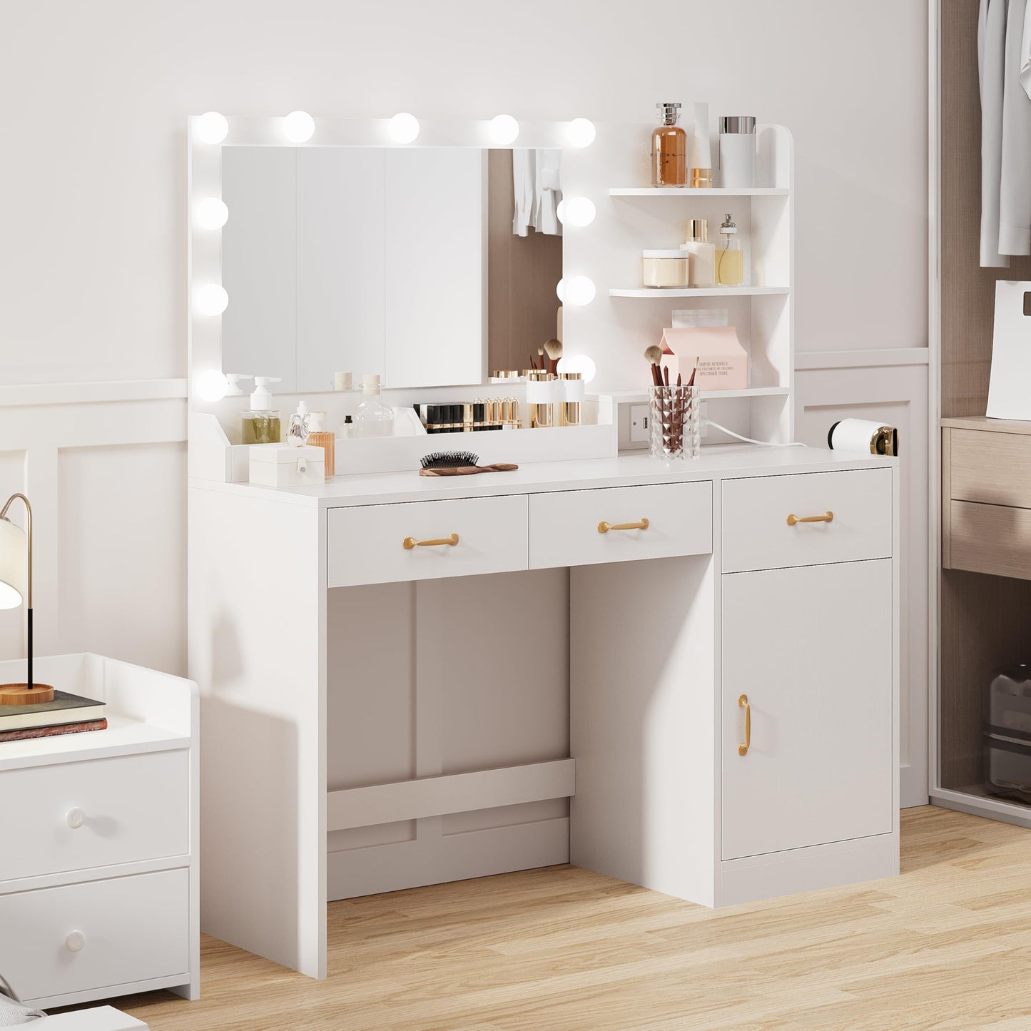GarveeHome Vanity Desk with Mirror and Lights, Makeup Vanity with Power Outlet & 11 LED Bulbs, White Dressing Table with 3 Drawers and Storage Shelves, Modern Makeup Table for Bedroom, Standalone
