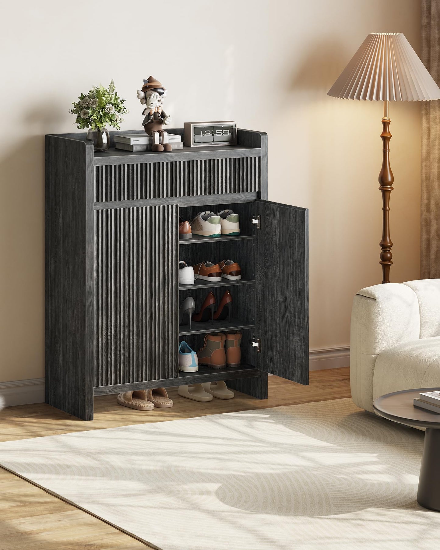 CHOEZON Shoe Storage Cabinet, 44.8" Tall Large Shoe Cabinet, Shoe Storage Organizer for Entryway, Fluted Shoe Cabinet with Drawer & Adjustable Shelves, Mid-Century, for Hallway, Charcoal Gray MSC03TH