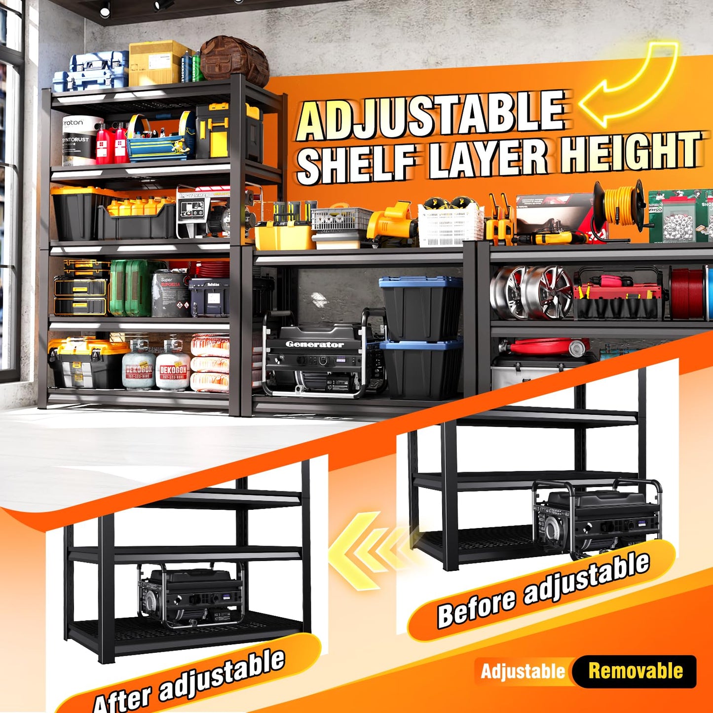 59 ''W Storage Shelves, 71‘’H Garage Shelving, Adjustable Garage Shelves, 3000lbs Heavy Duty Shelving ,5 Tier Garage Storage Shelves,Easy-To-Install Metal Shelf Storage Rack Shelving Unit 2 Pack