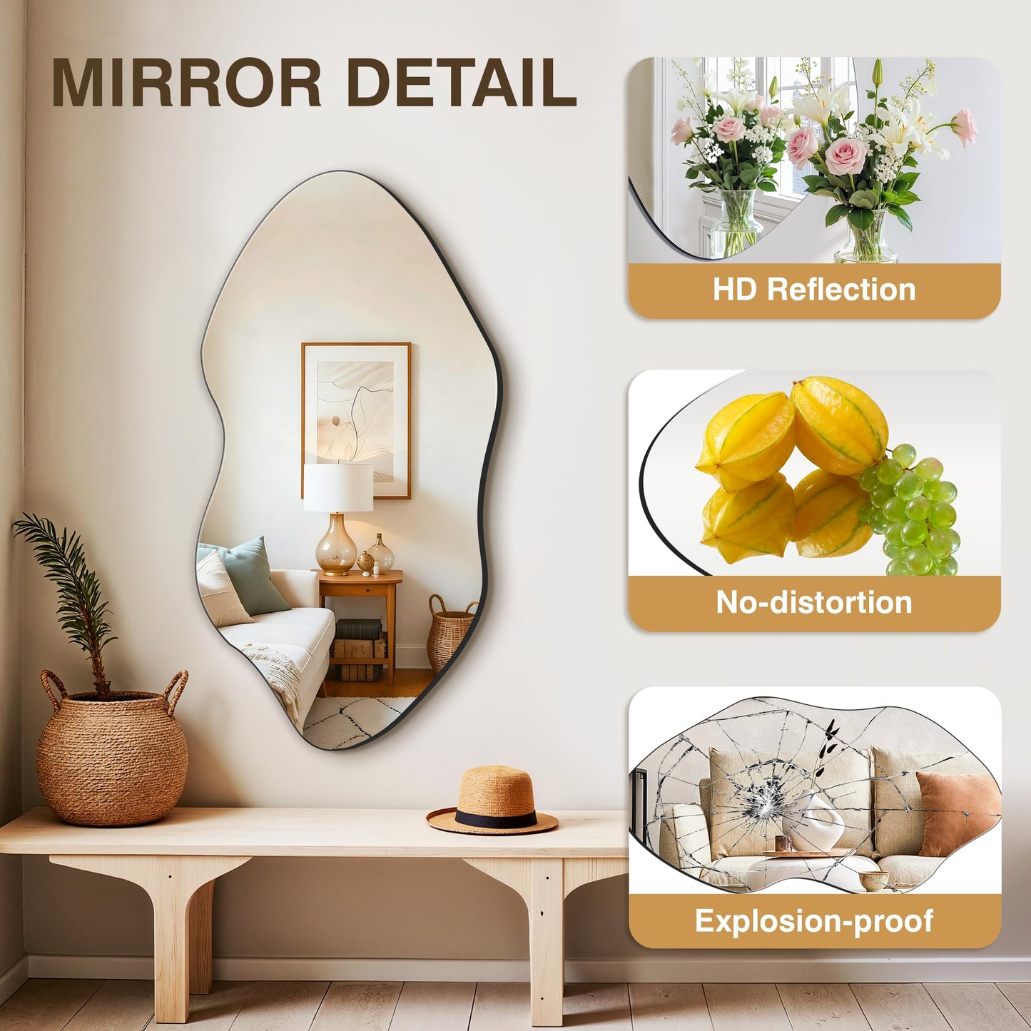 FICTOR Irregular Asymmetrical Wall Mirror, 36" x 19" Modern Decorative Mirror for Entryway, Bathroom, Bedroom, Living Room, Dining Room