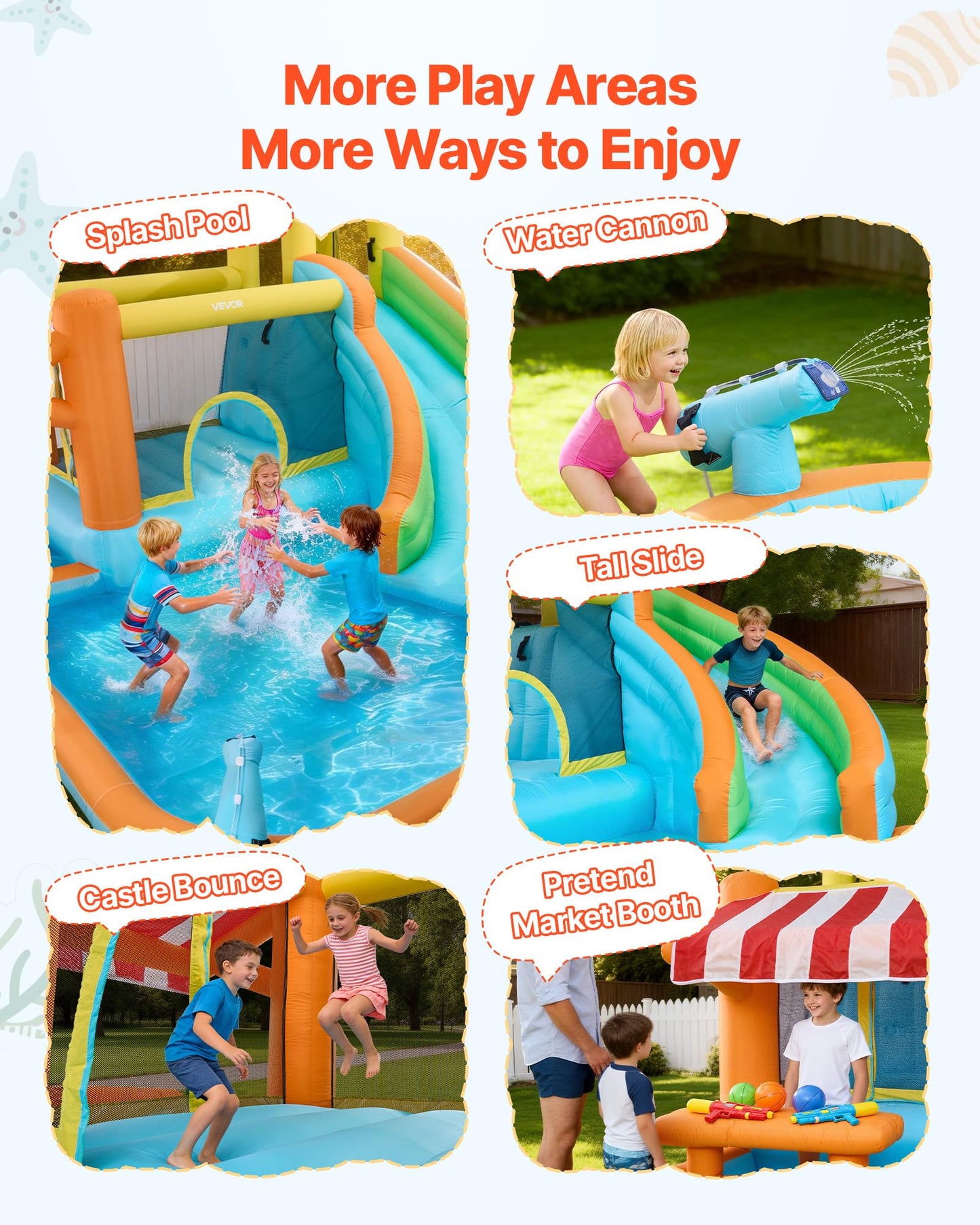 VEVOR Bounce House for Kids, Inflatable Bounce House with Air Blower, Water Slide, Bouncer Castle with Castle Bounces, Tall Slide, Splash Pool & Pretend Market Booth, for 3 to 4 Kids Ages 3 to 8