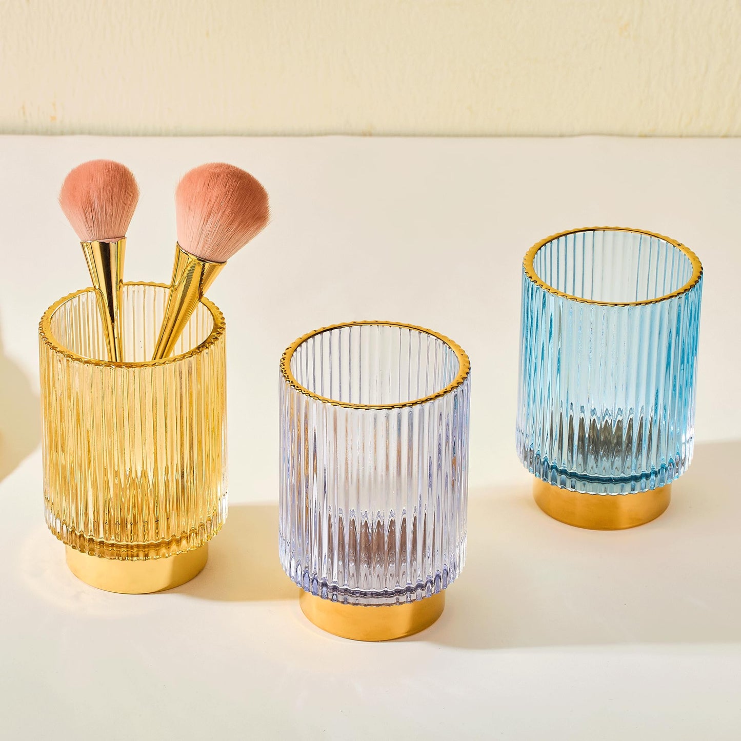 LEICURACE Makeup Brush Holder Organizer,Toothbrush Holders,Desk Pen Pencil Holder,Multifunctional Vintage Glass Brush Cup（L/Gold/A3-7-US）