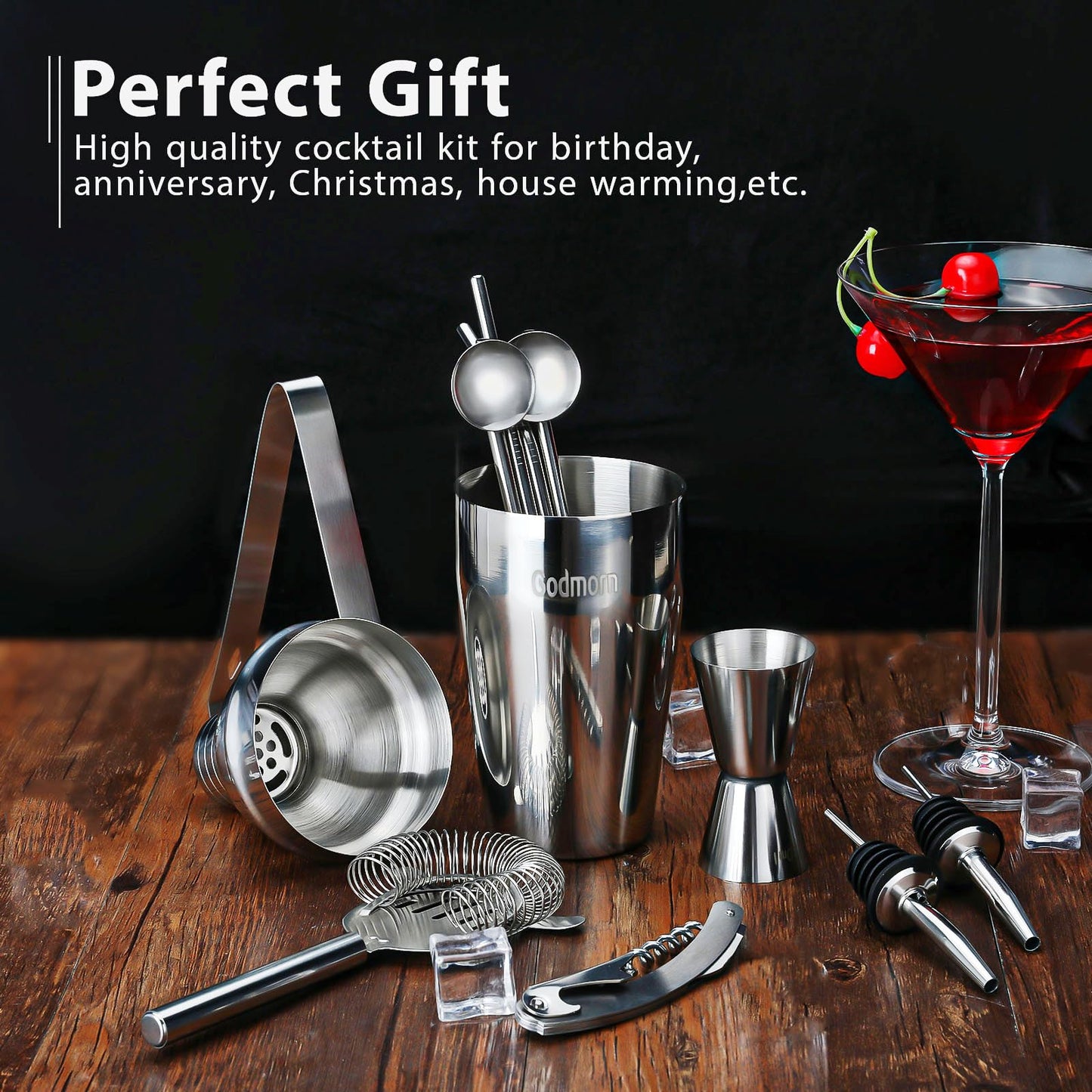 Cocktail Shaker Set Bartender Kit, Godmorn 15Pcs Bartender Shaker Set, 304 Stainless Steel Martini Shaker and Strainer, Bar Tool Set with Bamboo Stand, Recipe Book, for Home and Bar Party