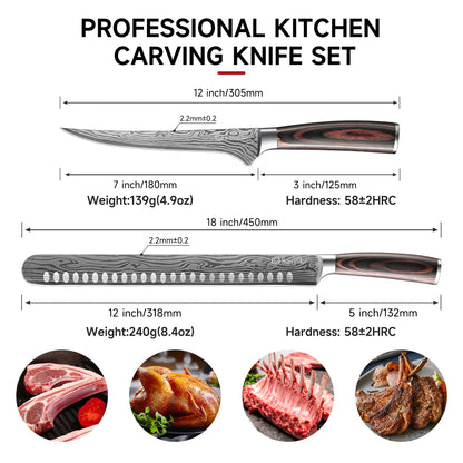 Sunnecko Professional BBQ Carving Knife Set, Slicing and Boning Knife for Meat Cutting,German High Carbon Stainless Steel Carving Knife for Meat and Turkey.