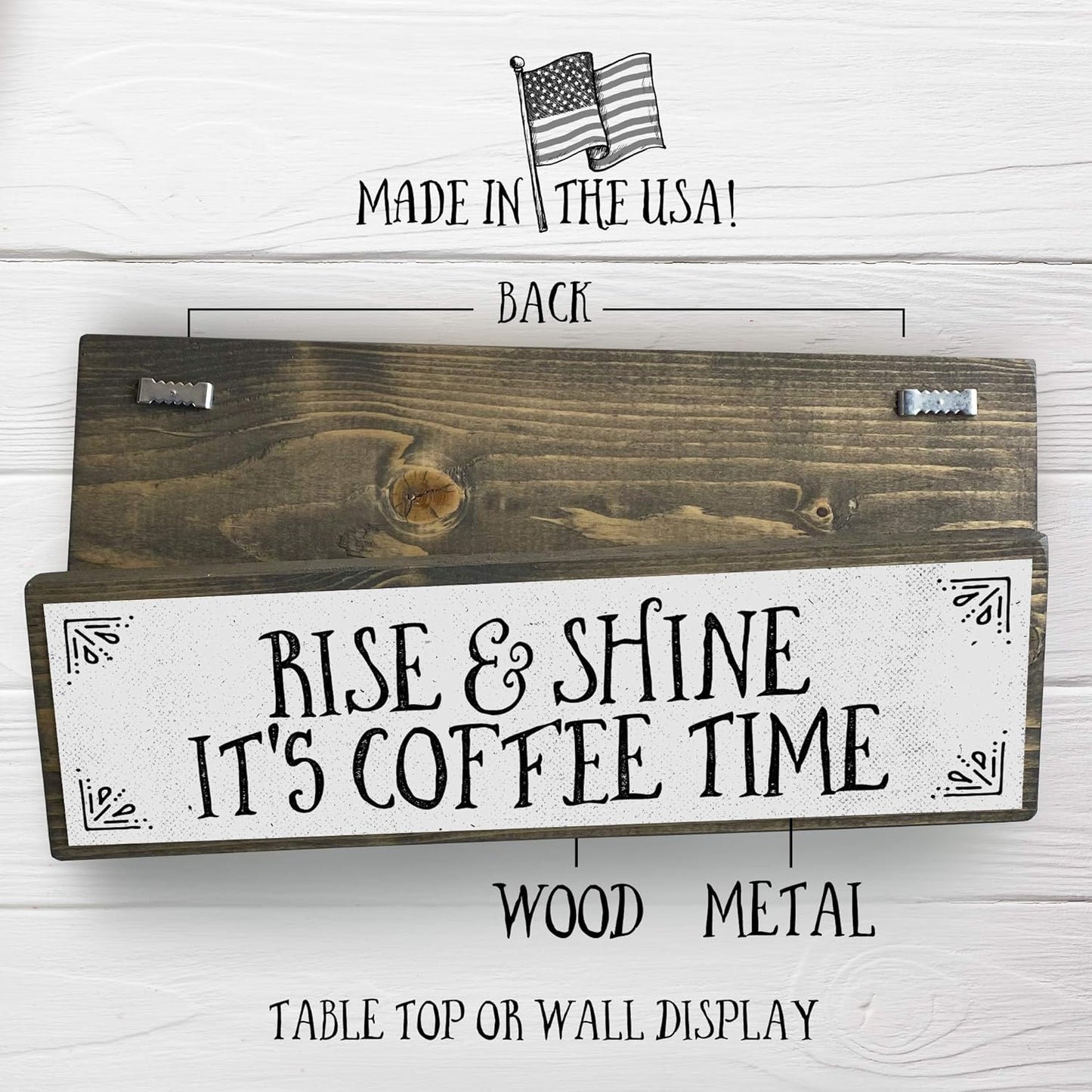 Coffee Wood Signs (Medium - Wood And Metal, Rise and Shine It’s Coffee Time)